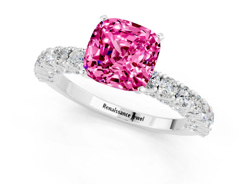 White gold Cushion Cut Diamond Pavé Band Solitaire Ring with Prong Setting_1