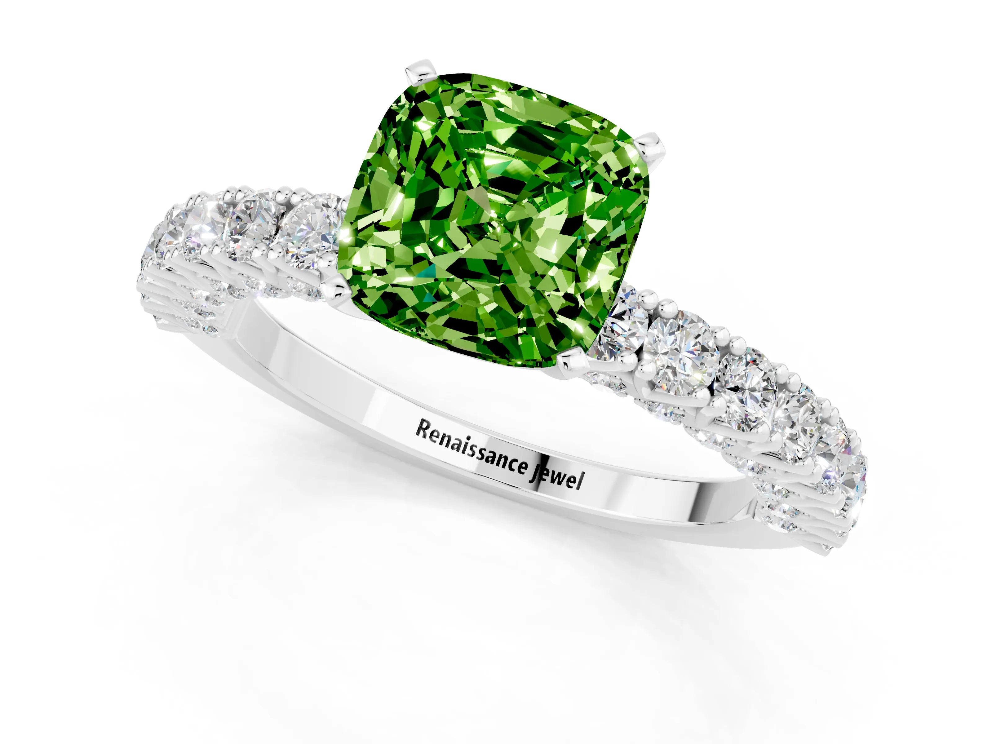 White gold Cushion Cut Diamond Pavé Band Solitaire Ring with Prong Setting_1