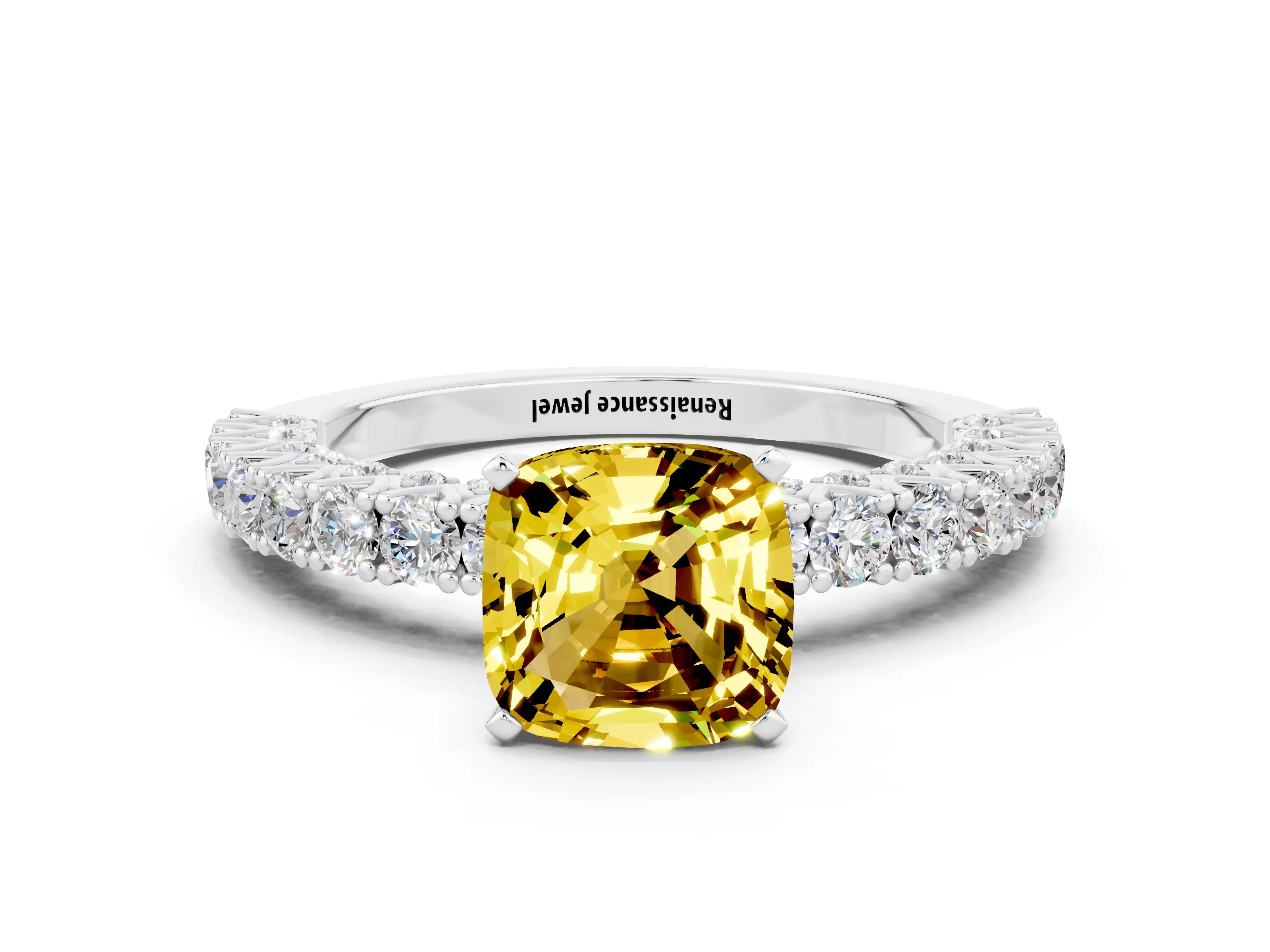 White gold Cushion Cut Diamond Pavé Band Solitaire Ring with Prong Setting