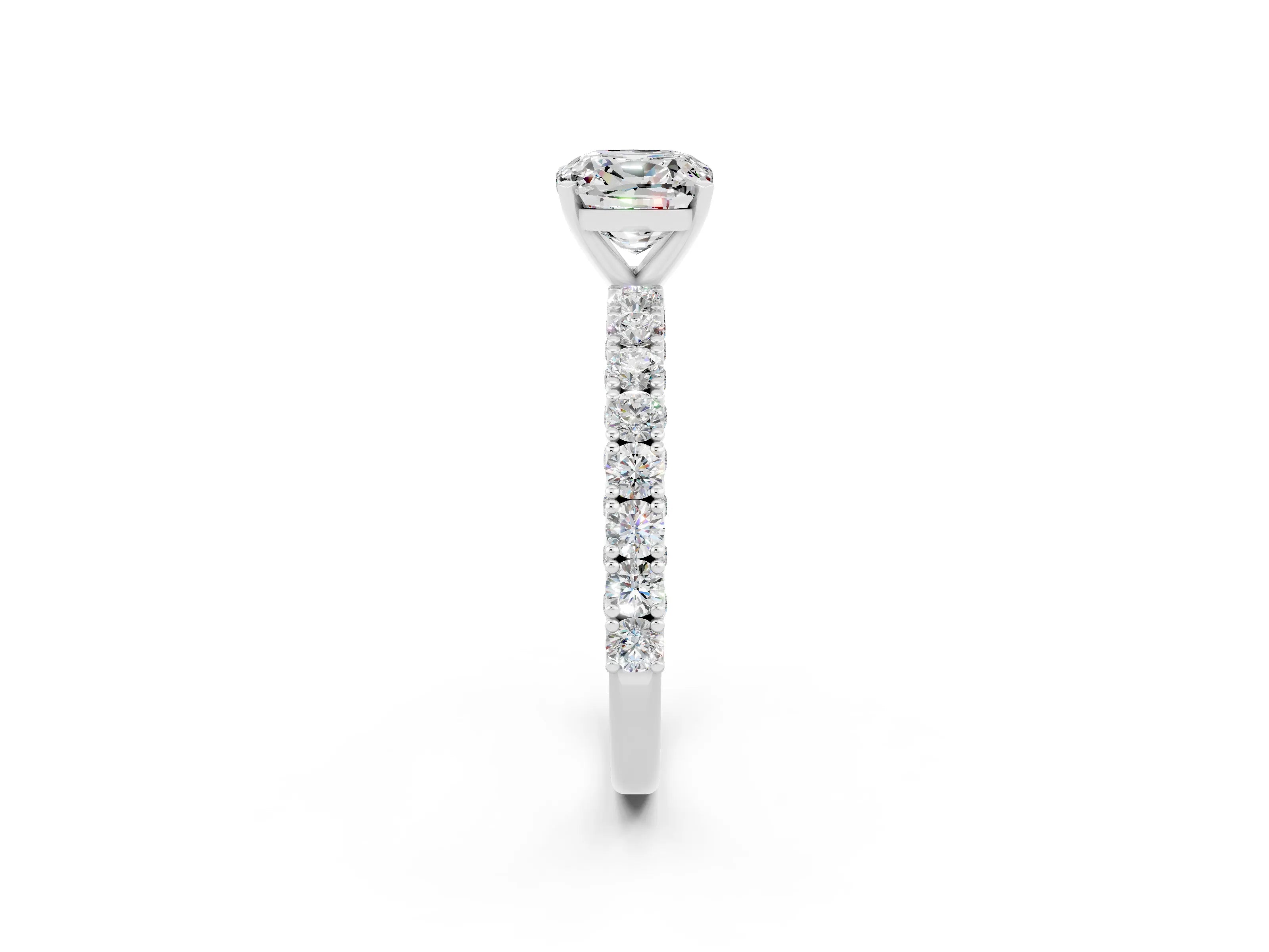 White gold Cushion Cut Diamond Pavé Band Solitaire Ring with Prong Setting_2