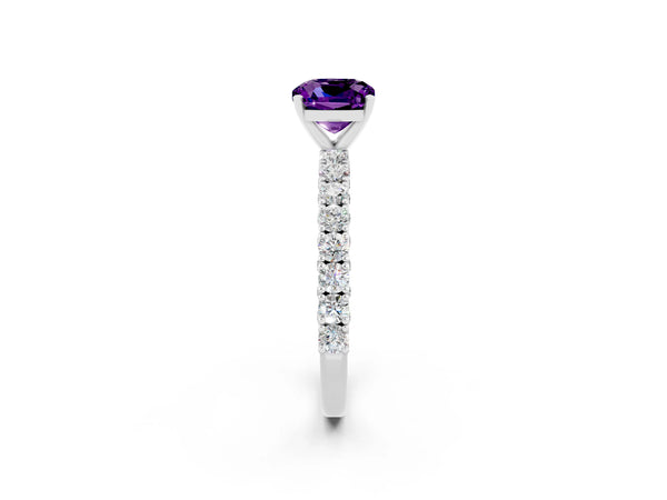 Silver Cushion Cut Amethyst Solitaire Ring with Round Accent Pavé Band and Prong Setting