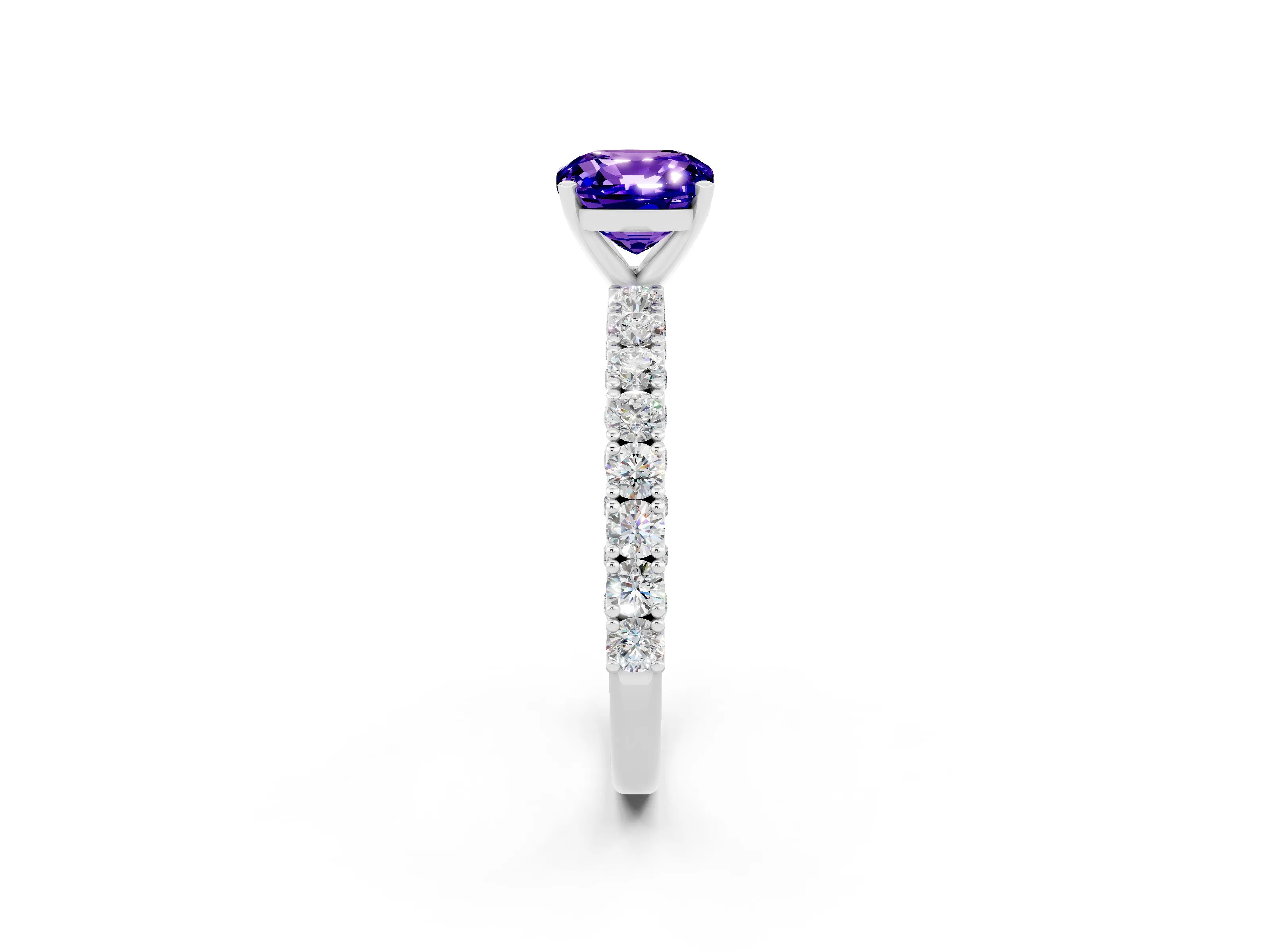 White gold Cushion Cut Diamond Pavé Band Solitaire Ring with Prong Setting_2