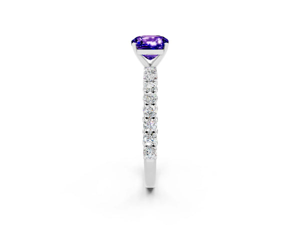 Silver Cushion Cut Diamond Pavé Band Solitaire Ring with Prong Setting