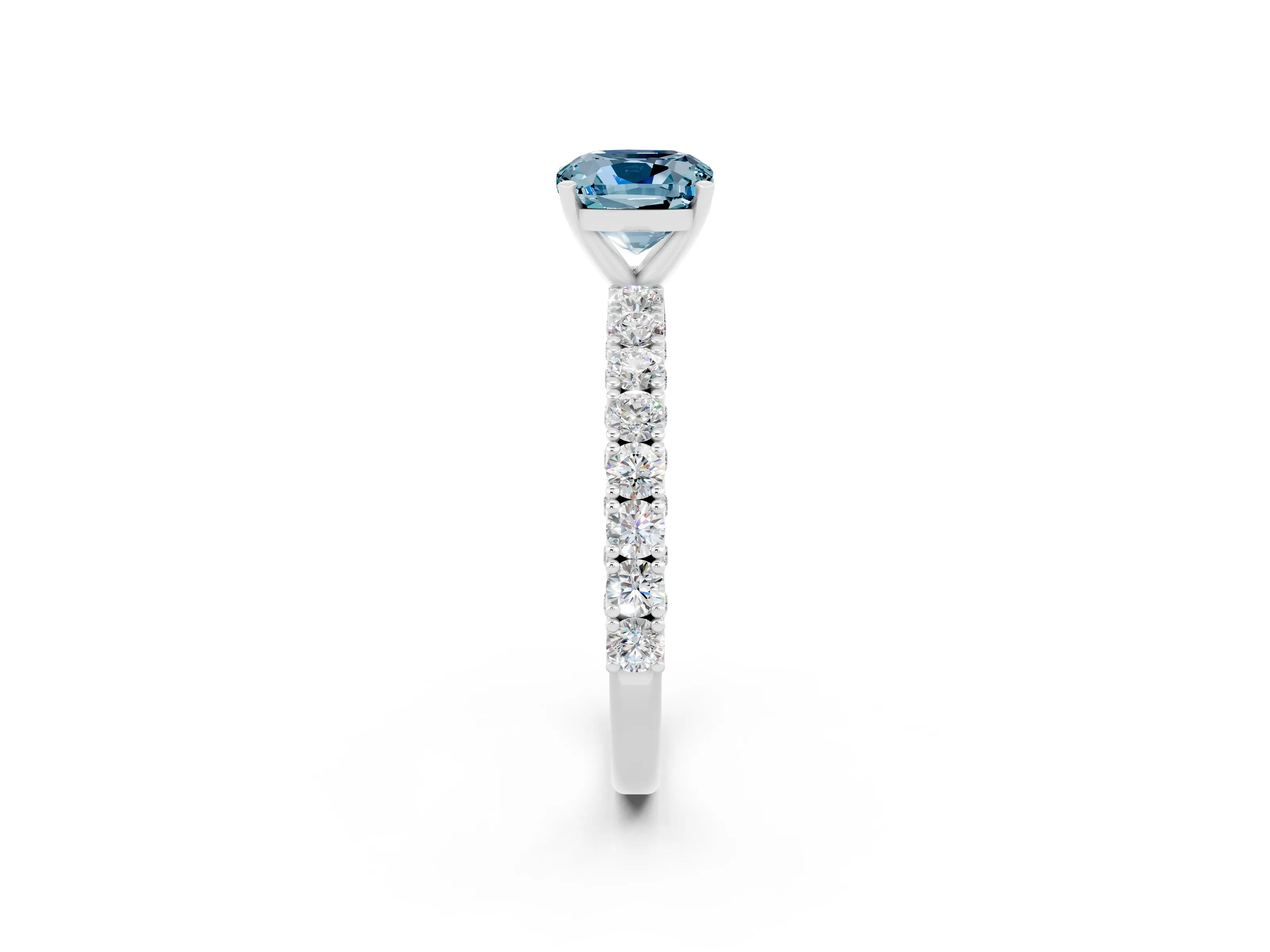 White gold Cushion Cut Diamond Pavé Band Solitaire Ring with Prong Setting_2