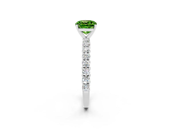 Platinum Cushion Cut Diamond Pavé Band Solitaire Ring with Prong Setting