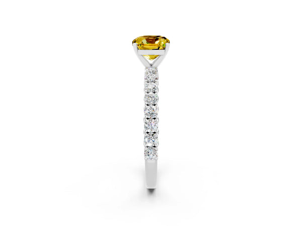 White gold Cushion Cut Diamond Pavé Band Solitaire Ring with Prong Setting