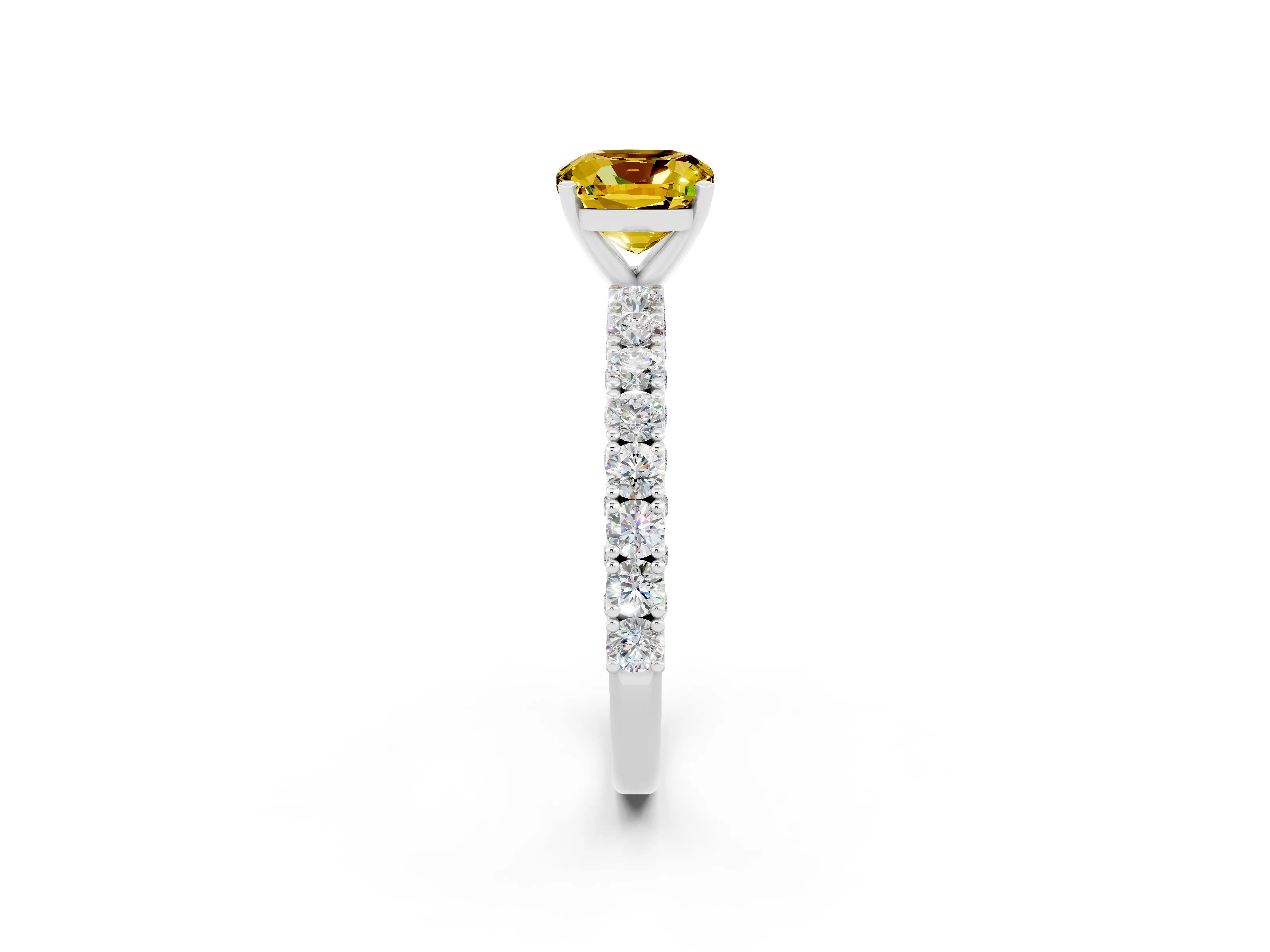 White gold Cushion Cut Diamond Pavé Band Solitaire Ring with Prong Setting_2