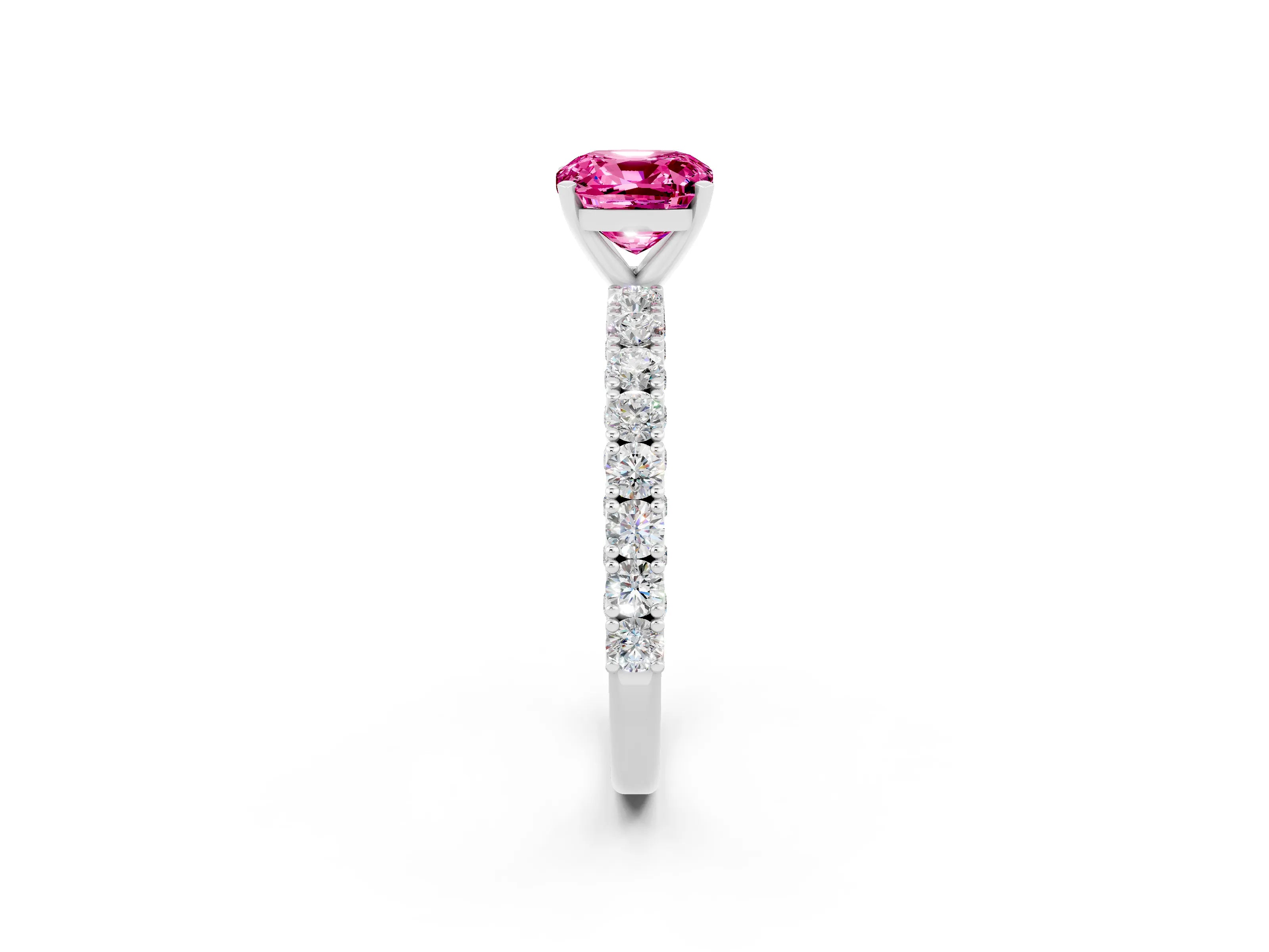 White gold Cushion Cut Diamond Pavé Band Solitaire Ring with Prong Setting_2