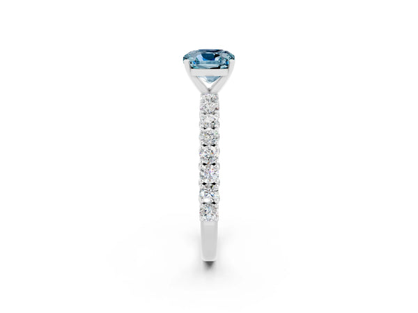 Silver Cushion Cut Diamond Pavé Band Solitaire Ring with Prong Setting