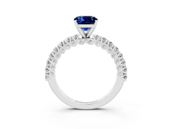 Platinum Cushion Cut Diamond Pavé Band Solitaire Ring with Prong Setting