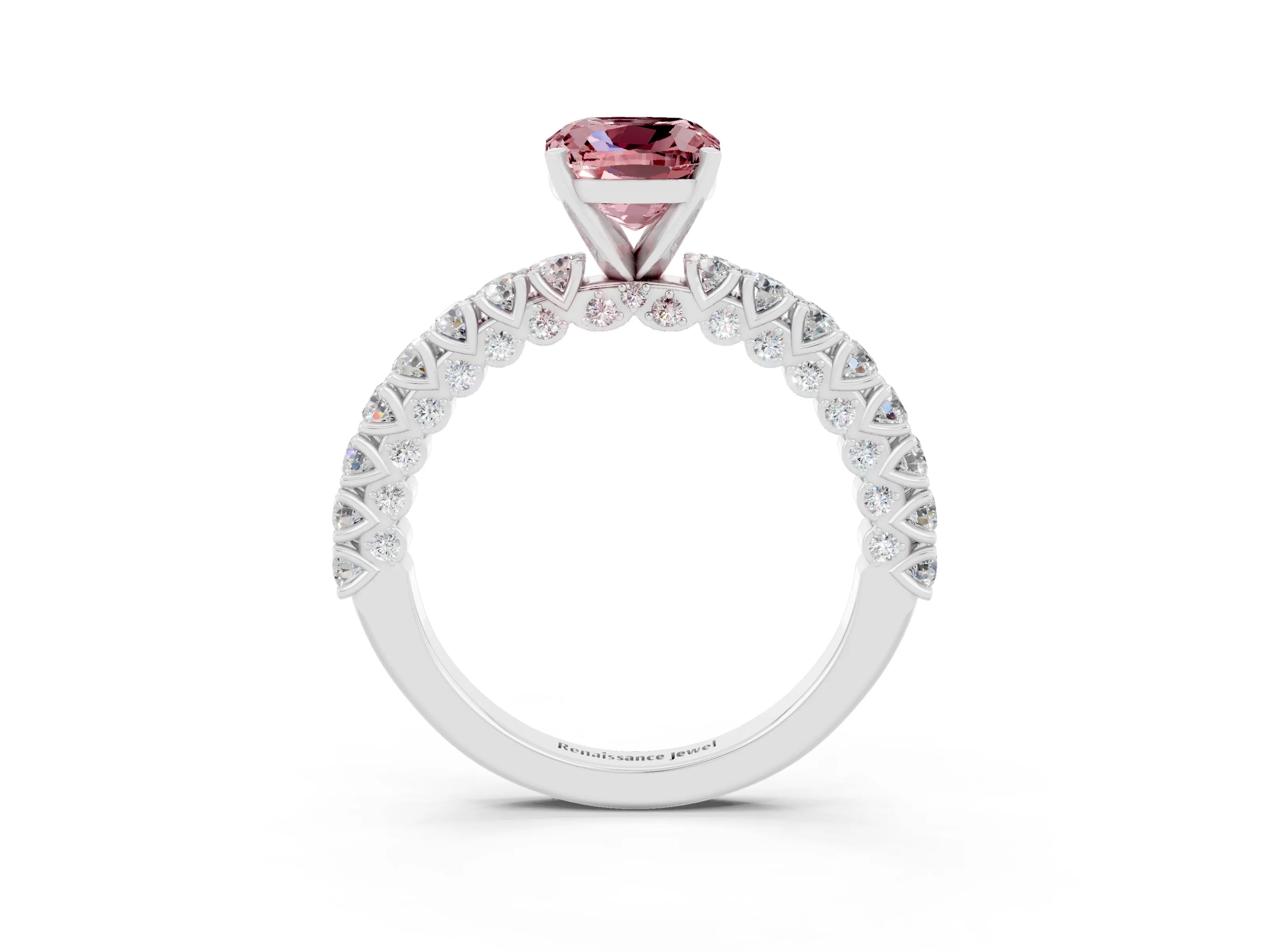 White gold Cushion Cut Diamond Pavé Band Solitaire Ring with Prong Setting_3