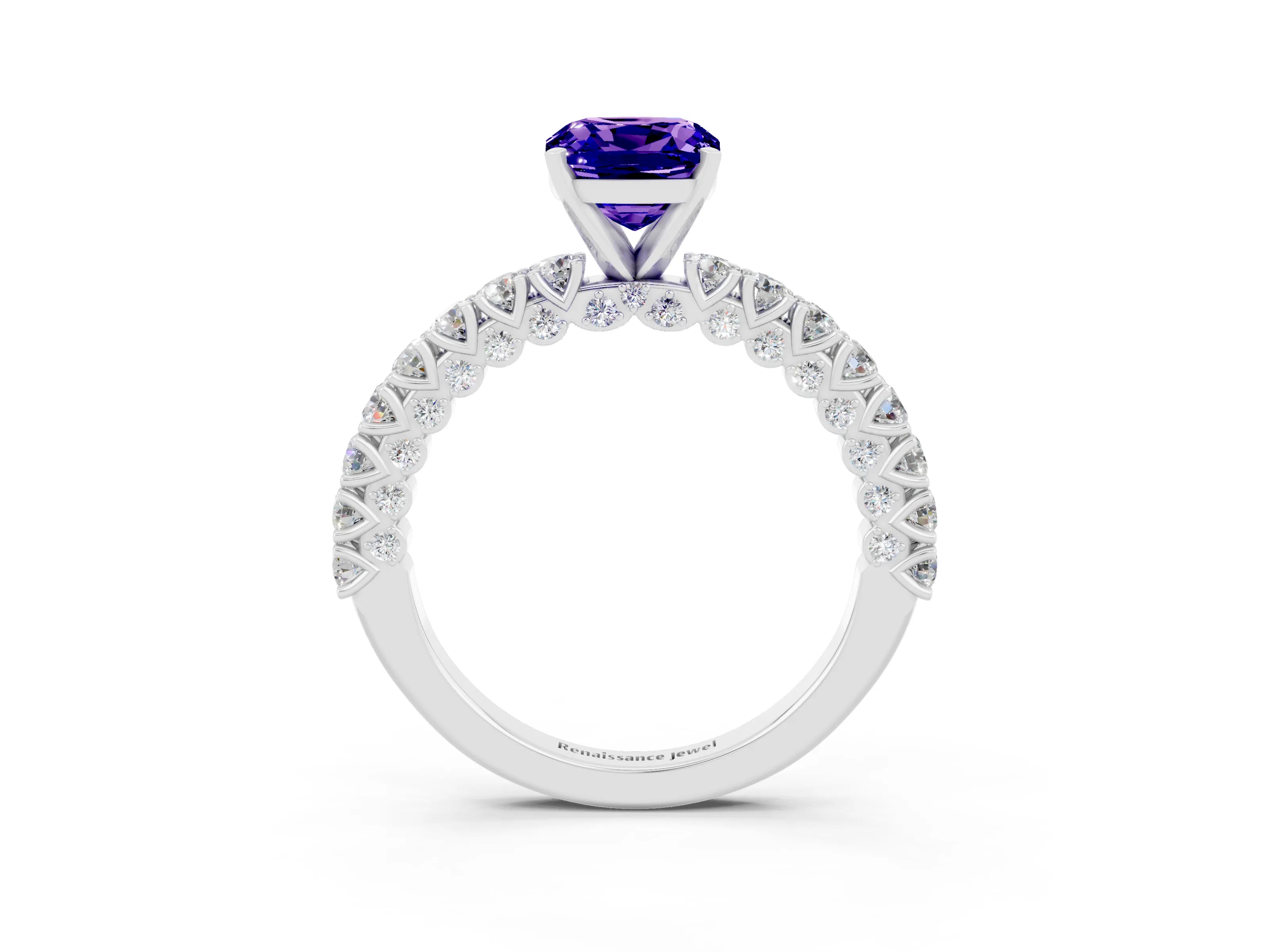 White gold Cushion Cut Diamond Pavé Band Solitaire Ring with Prong Setting_3
