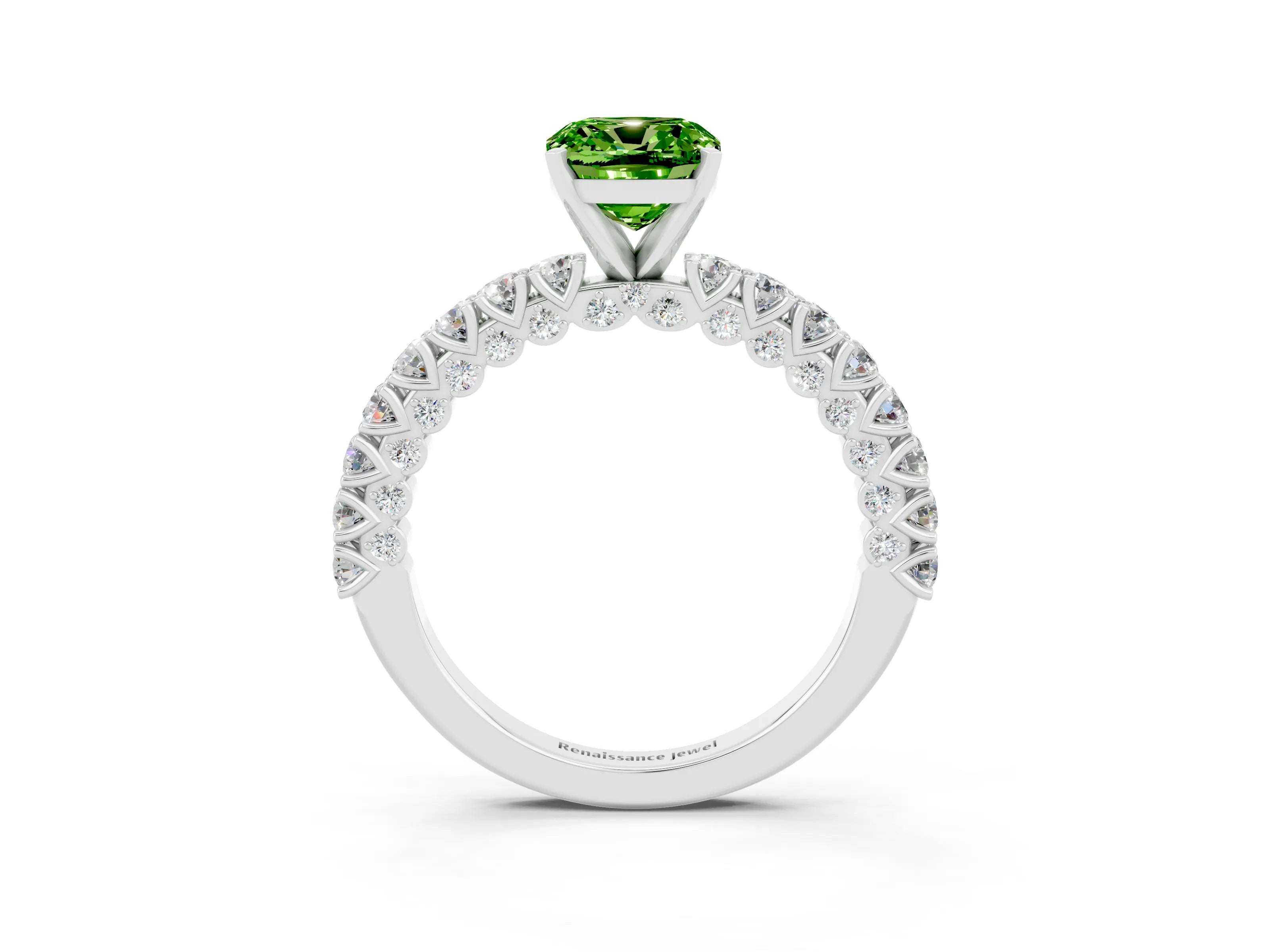 White gold Cushion Cut Diamond Pavé Band Solitaire Ring with Prong Setting_3