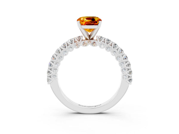 Silver Cushion Cut Diamond Pavé Band Solitaire Ring with Prong Setting