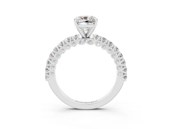 Silver Cushion Cut Diamond Pavé Band Solitaire Ring with Prong Setting