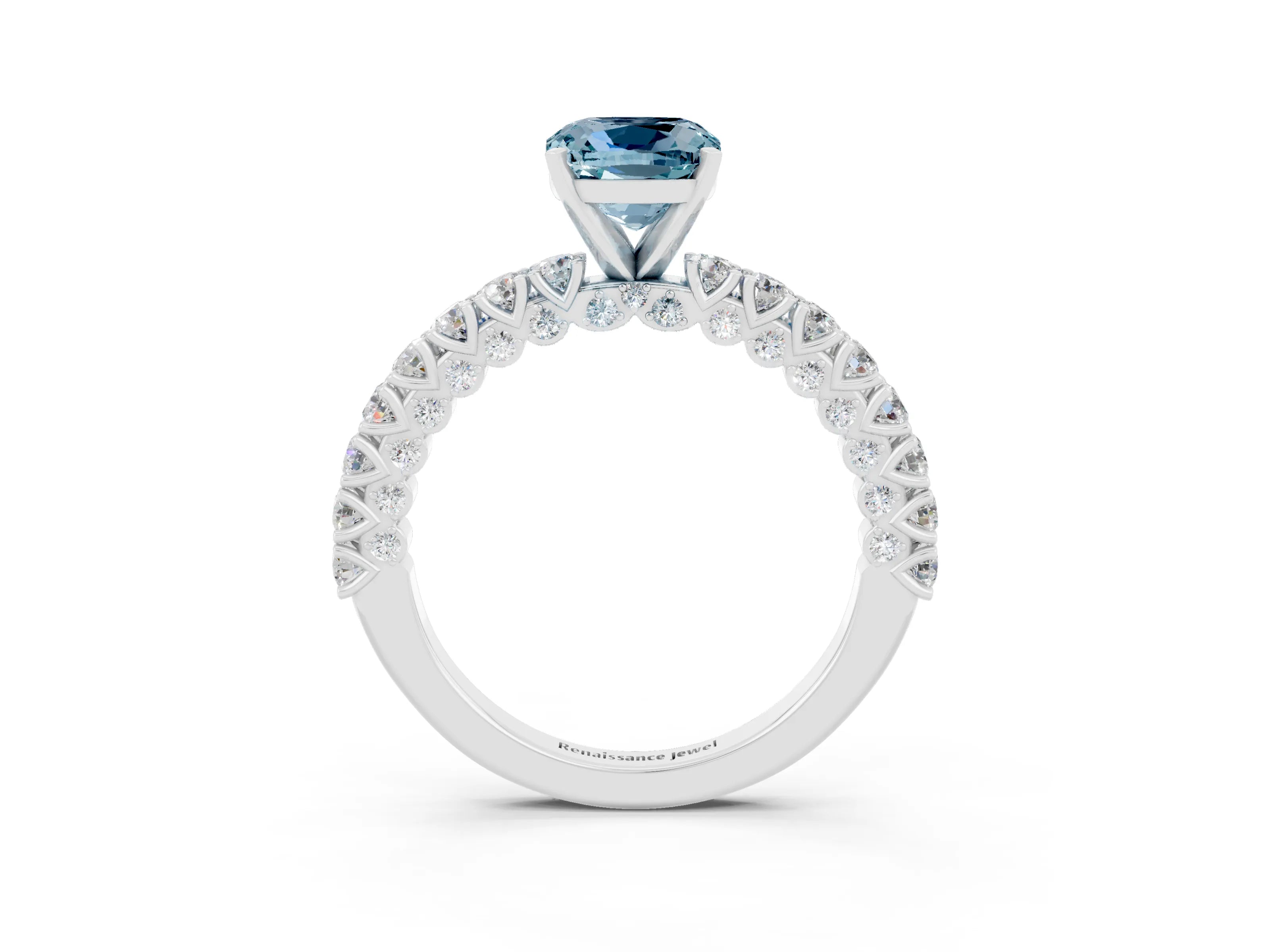 White gold Cushion Cut Diamond Pavé Band Solitaire Ring with Prong Setting_3