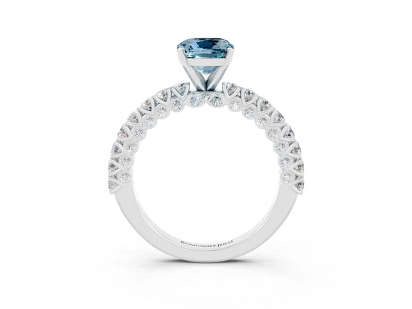 Silver Cushion Cut Diamond Pavé Band Solitaire Ring with Prong Setting