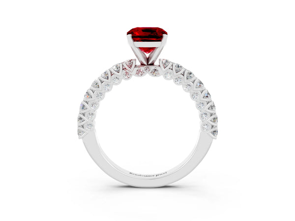 Silver Cushion Cut Diamond Pavé Band Solitaire Ring with Prong Setting