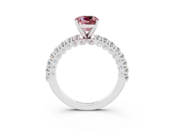 Silver Cushion Cut Diamond Pavé Band Solitaire Ring with Prong Setting