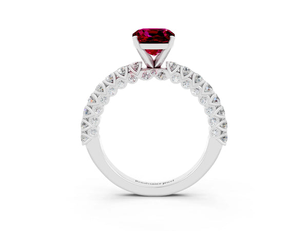 Platinum Cushion Cut Diamond Pavé Band Solitaire Ring with Prong Setting