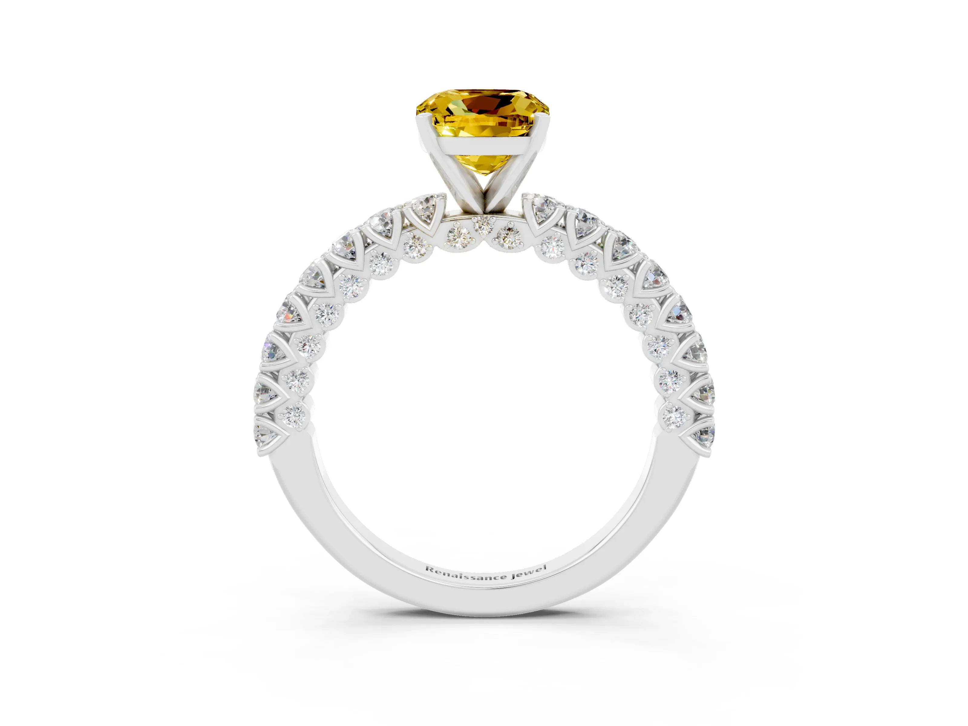 White gold Cushion Cut Diamond Pavé Band Solitaire Ring with Prong Setting_3