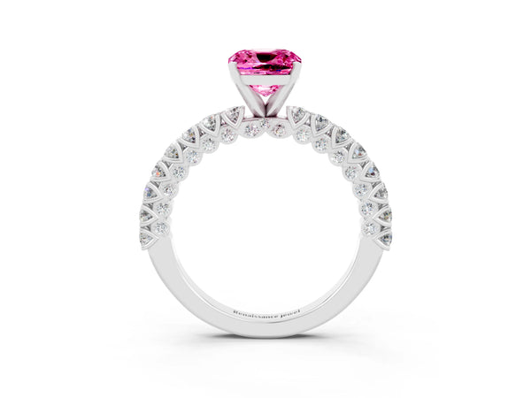 Silver Cushion Cut Diamond Pavé Band Solitaire Ring with Prong Setting