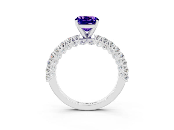 Platinum Cushion Cut Diamond Pavé Band Solitaire Ring with Prong Setting