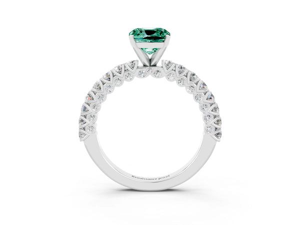 Platinum Cushion Cut Diamond Pavé Band Solitaire Ring with Prong Setting