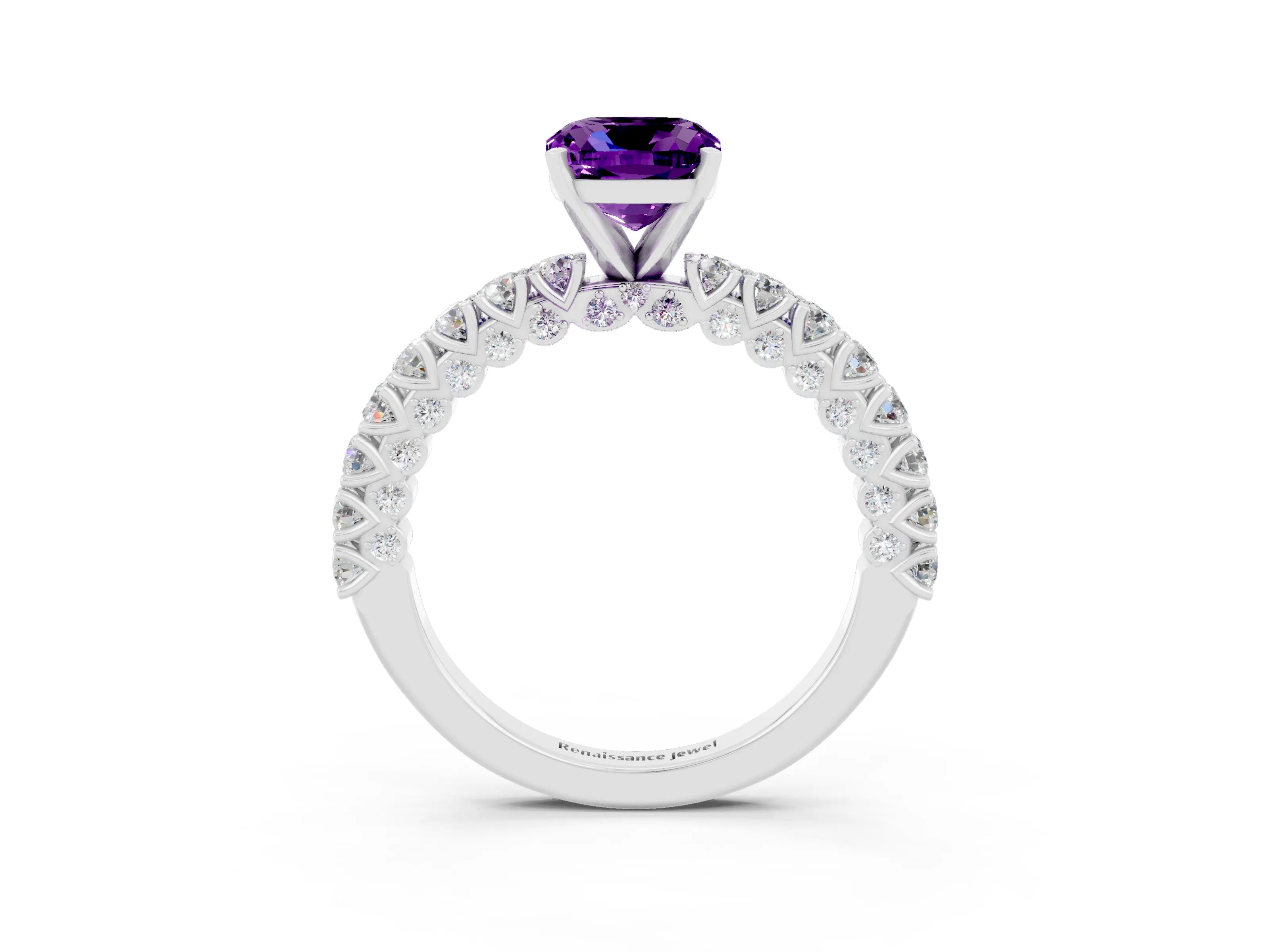White gold Cushion Cut Diamond Pavé Band Solitaire Ring with Prong Setting_3
