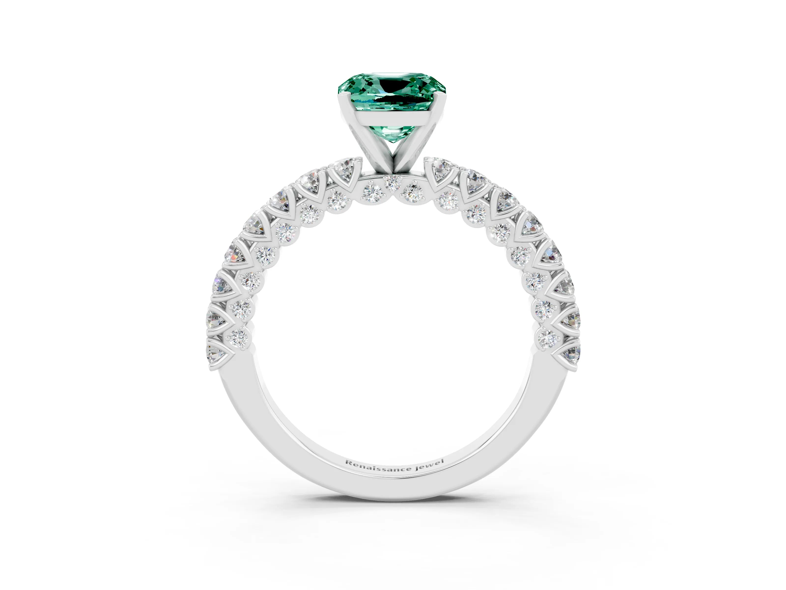 White gold Cushion Cut Diamond Pavé Band Solitaire Ring with Prong Setting_3