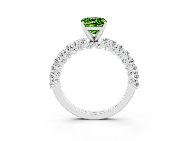 Silver Cushion Cut Diamond Pavé Band Solitaire Ring with Prong Setting
