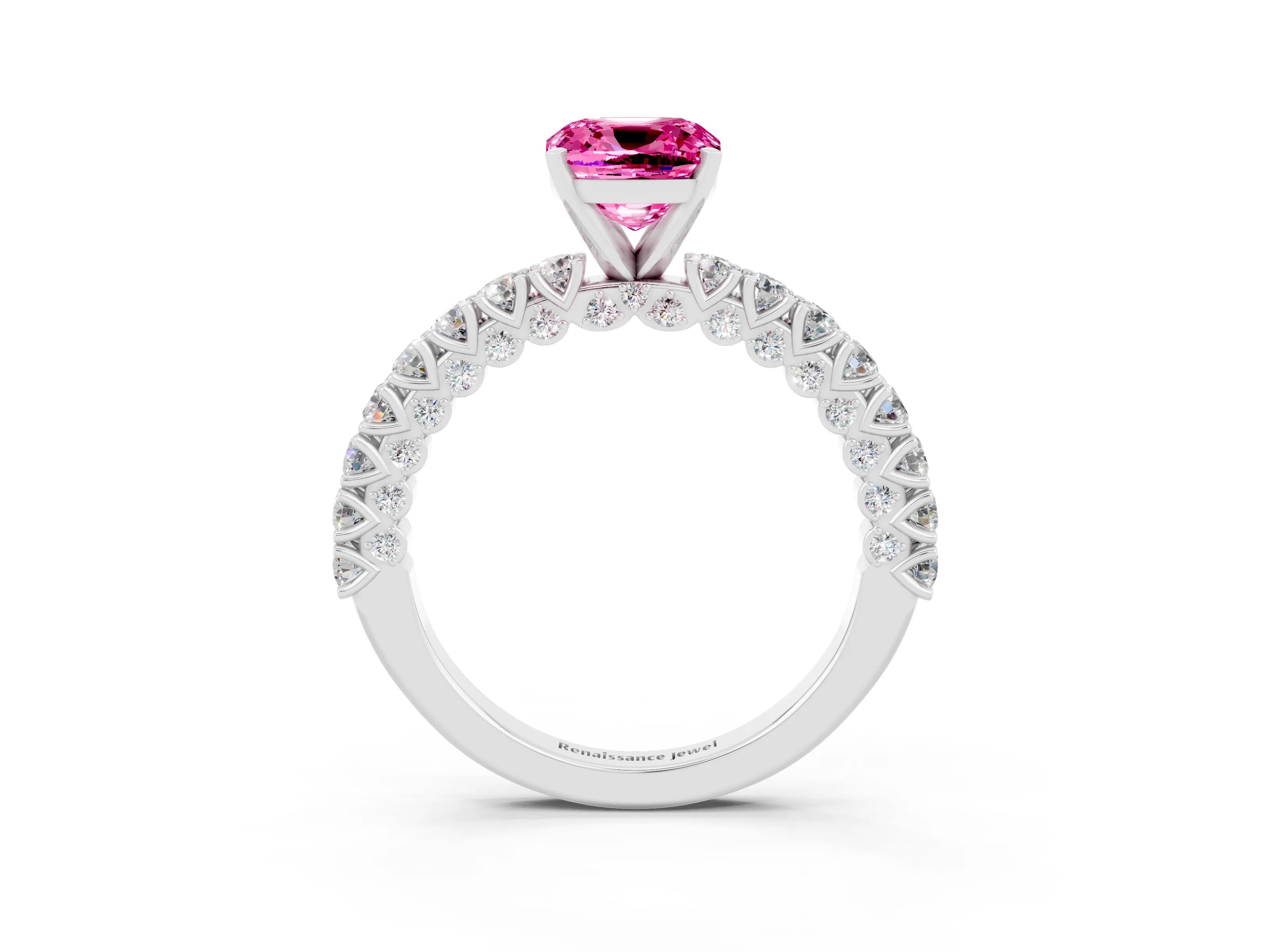 White gold Cushion Cut Diamond Pavé Band Solitaire Ring with Prong Setting_3