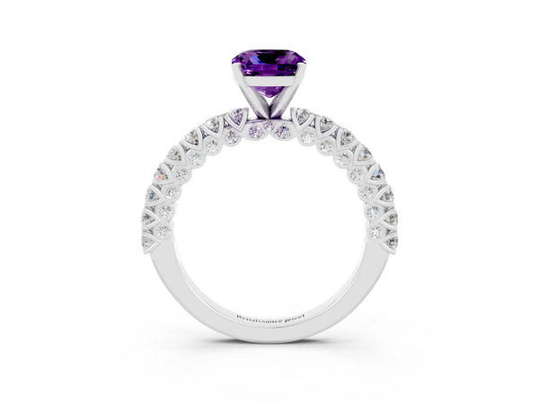 Platinum Cushion Cut Amethyst Solitaire Ring with Round Accent Pavé Band and Prong Setting