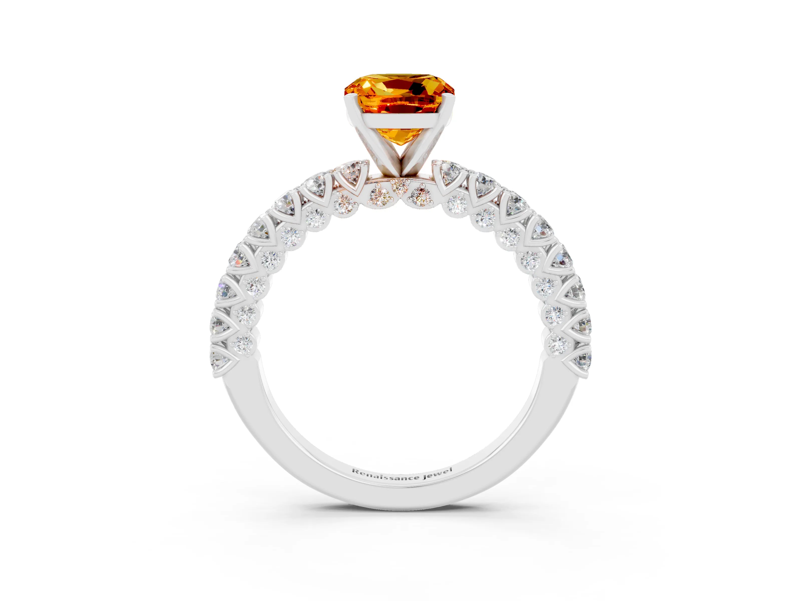 White gold Cushion Cut Diamond Pavé Band Solitaire Ring with Prong Setting_3