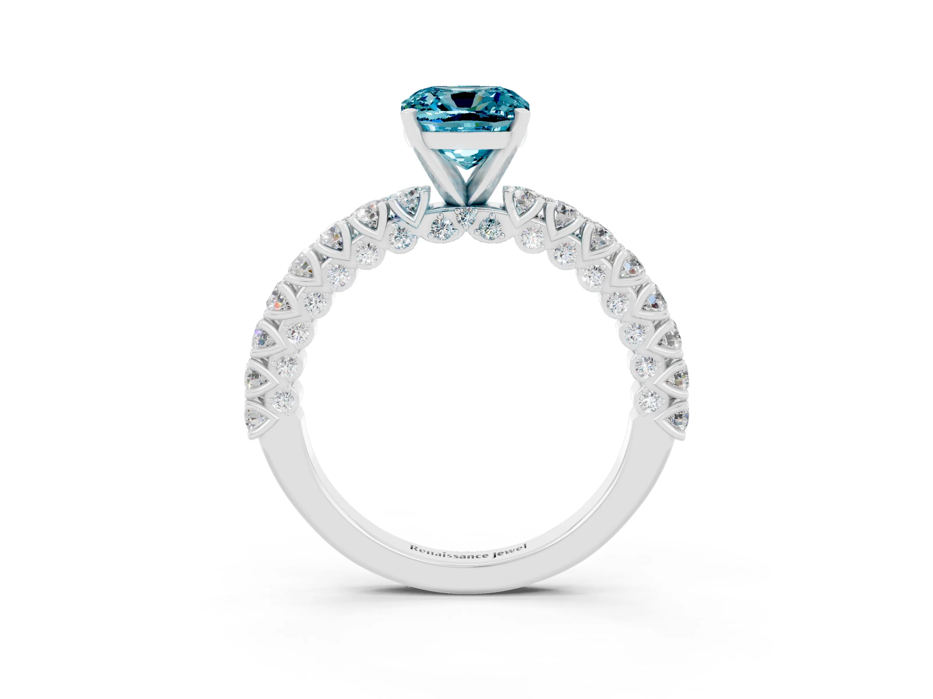 White gold Cushion Cut Diamond Pavé Band Solitaire Ring with Prong Setting_3