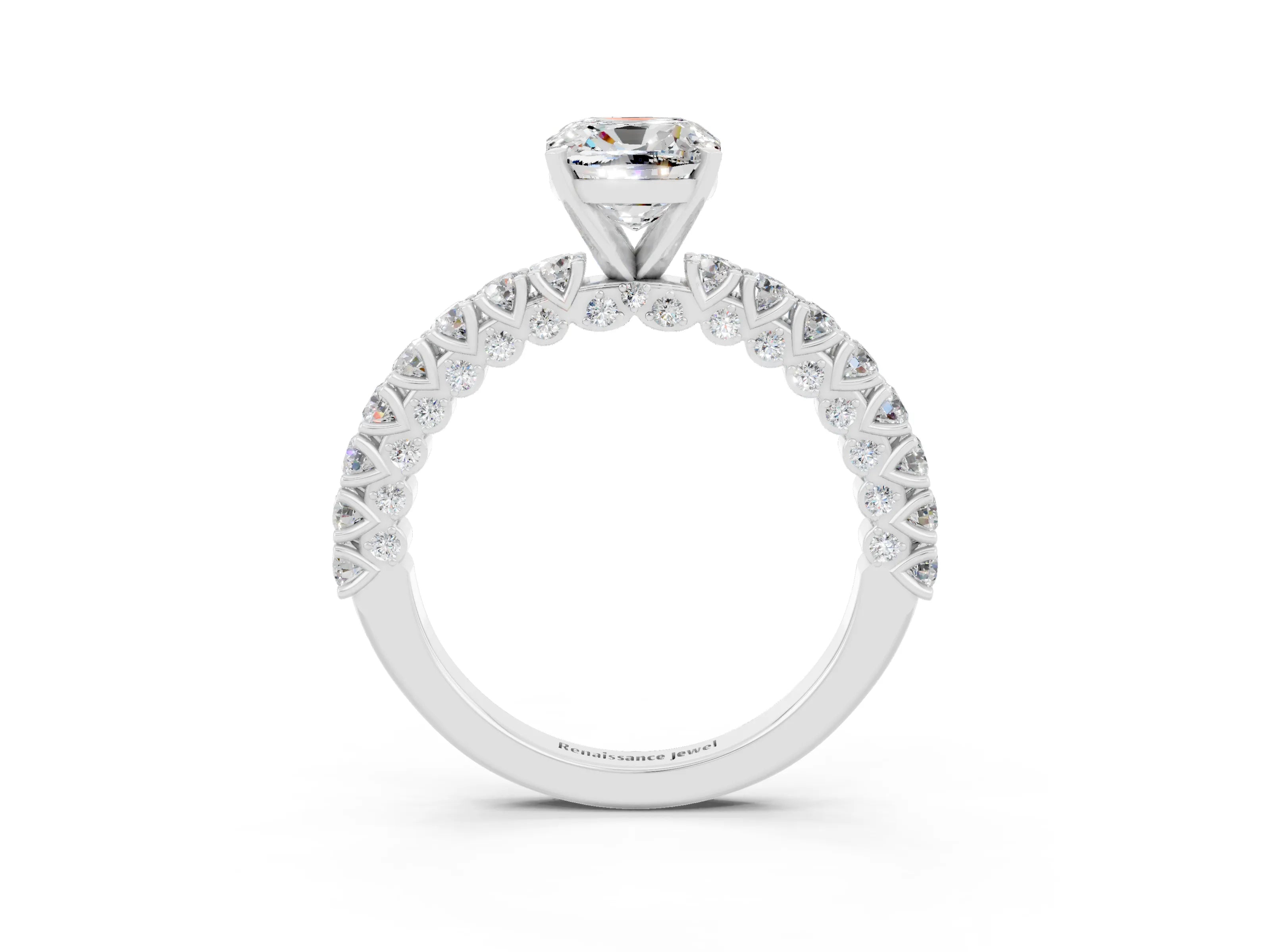 White gold Cushion Cut Diamond Pavé Band Solitaire Ring with Prong Setting_3
