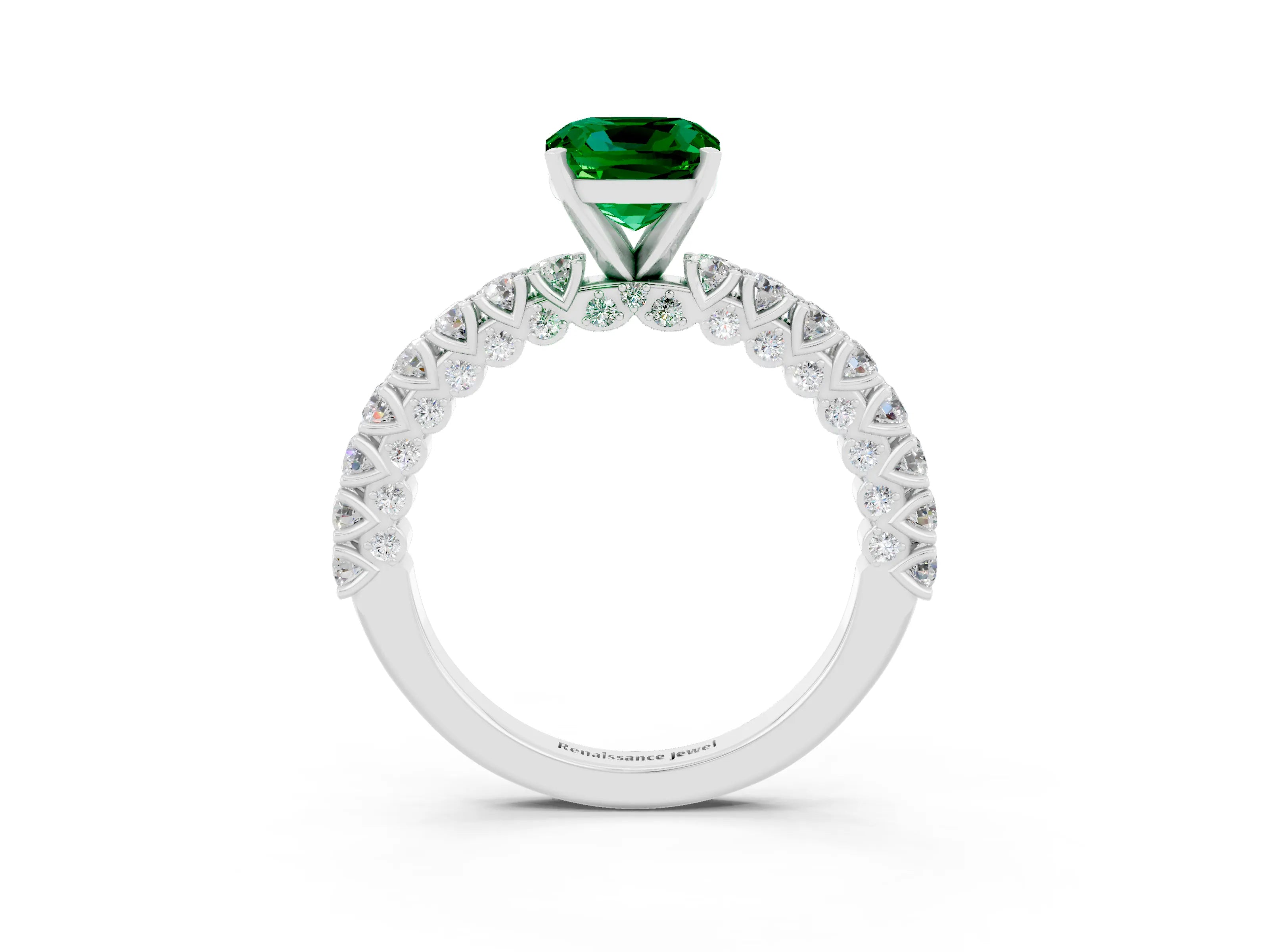 White gold Cushion Cut Diamond Pavé Band Solitaire Ring with Prong Setting_3