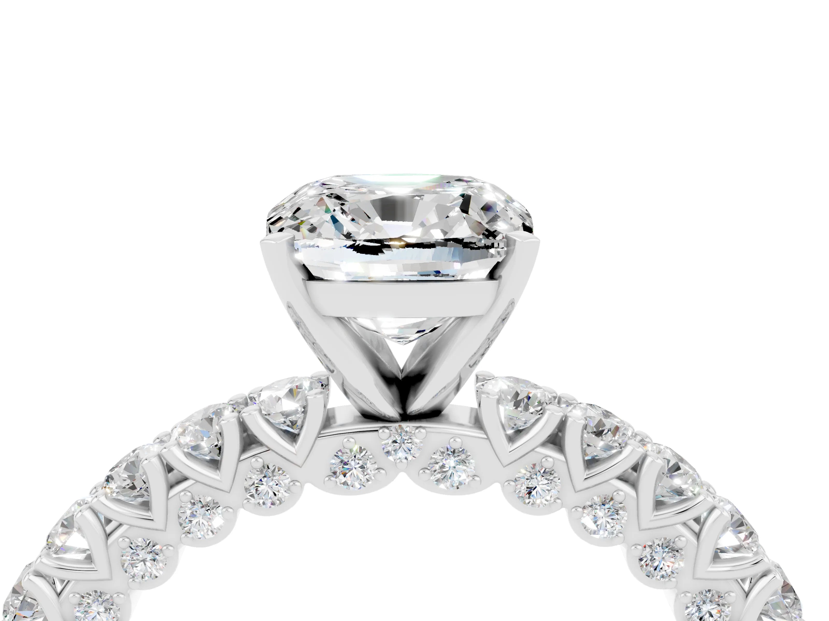 White gold Cushion Cut Diamond Pavé Band Solitaire Ring with Prong Setting_4