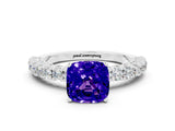White gold Cushion Cut Diamond Pavé Band Solitaire Ring with Prong Setting