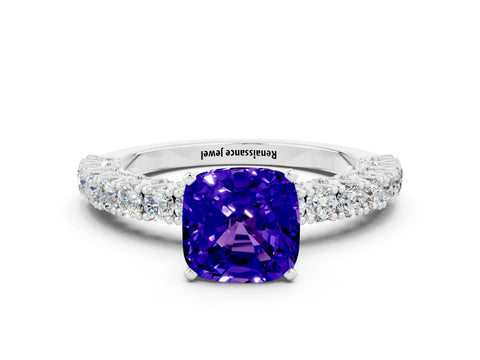 White gold Cushion Cut Diamond Pavé Band Solitaire Ring with Prong Setting