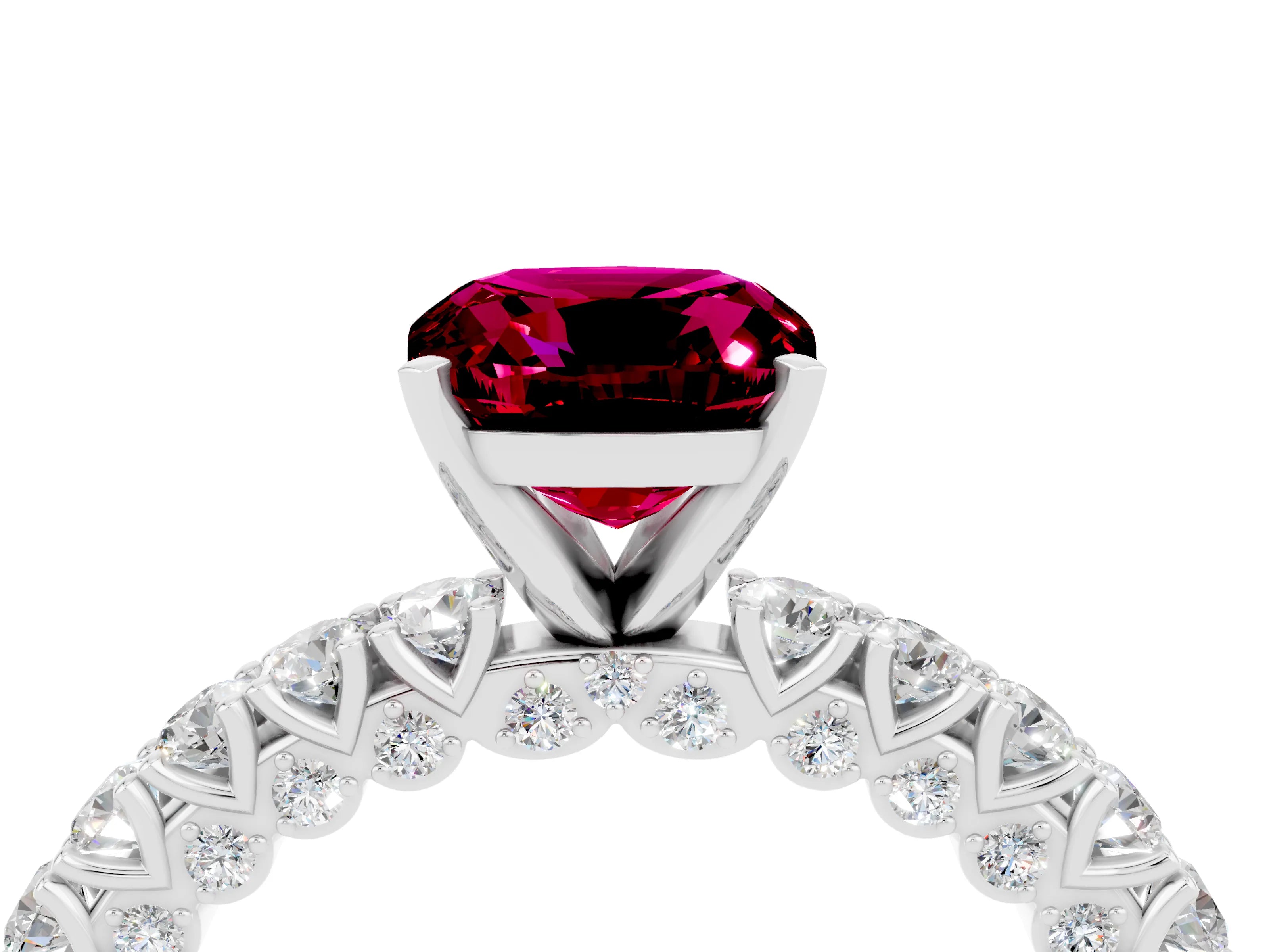 White gold Cushion Cut Diamond Pavé Band Solitaire Ring with Prong Setting_4