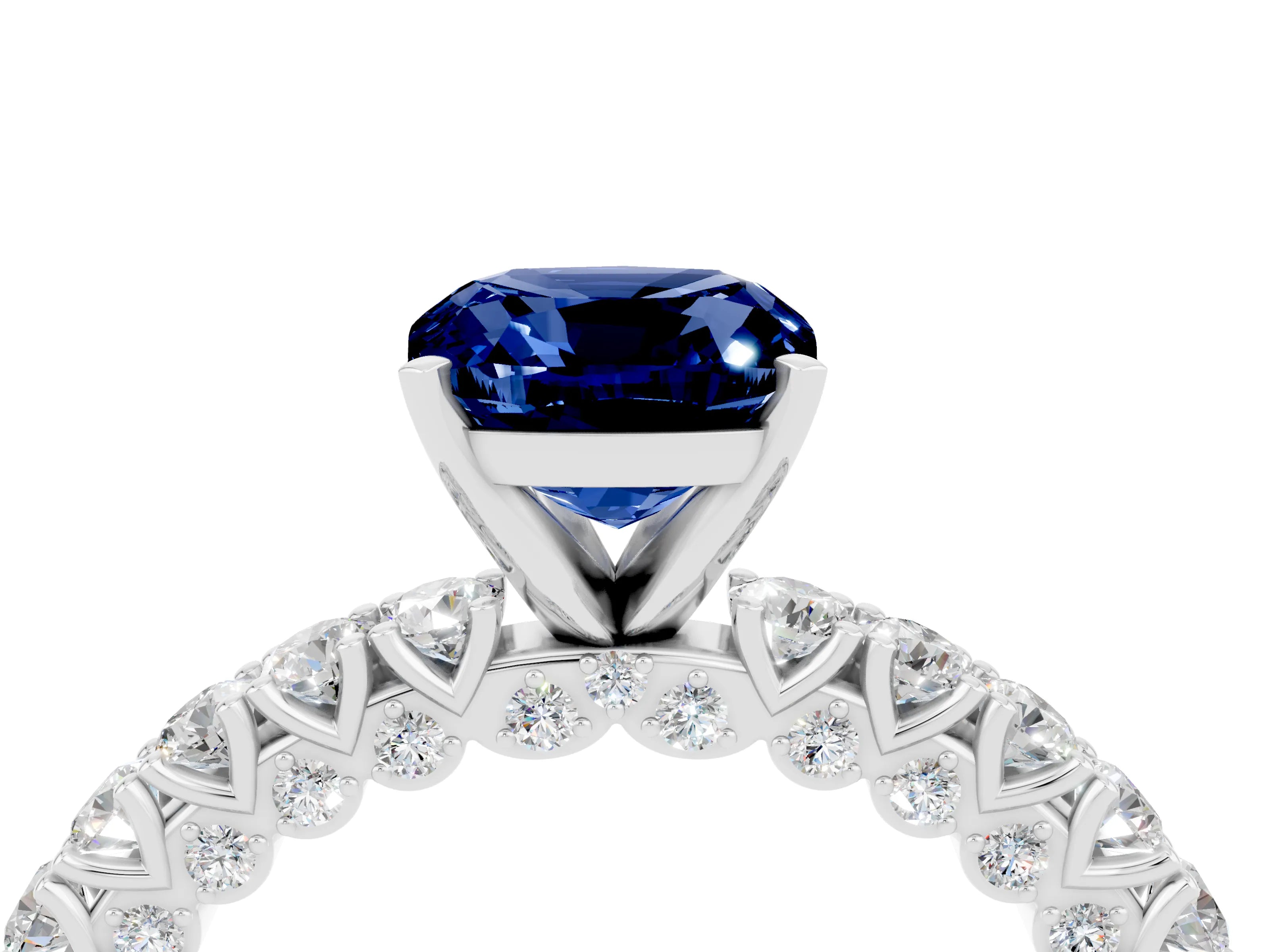 White gold Cushion Cut Diamond Pavé Band Solitaire Ring with Prong Setting_4