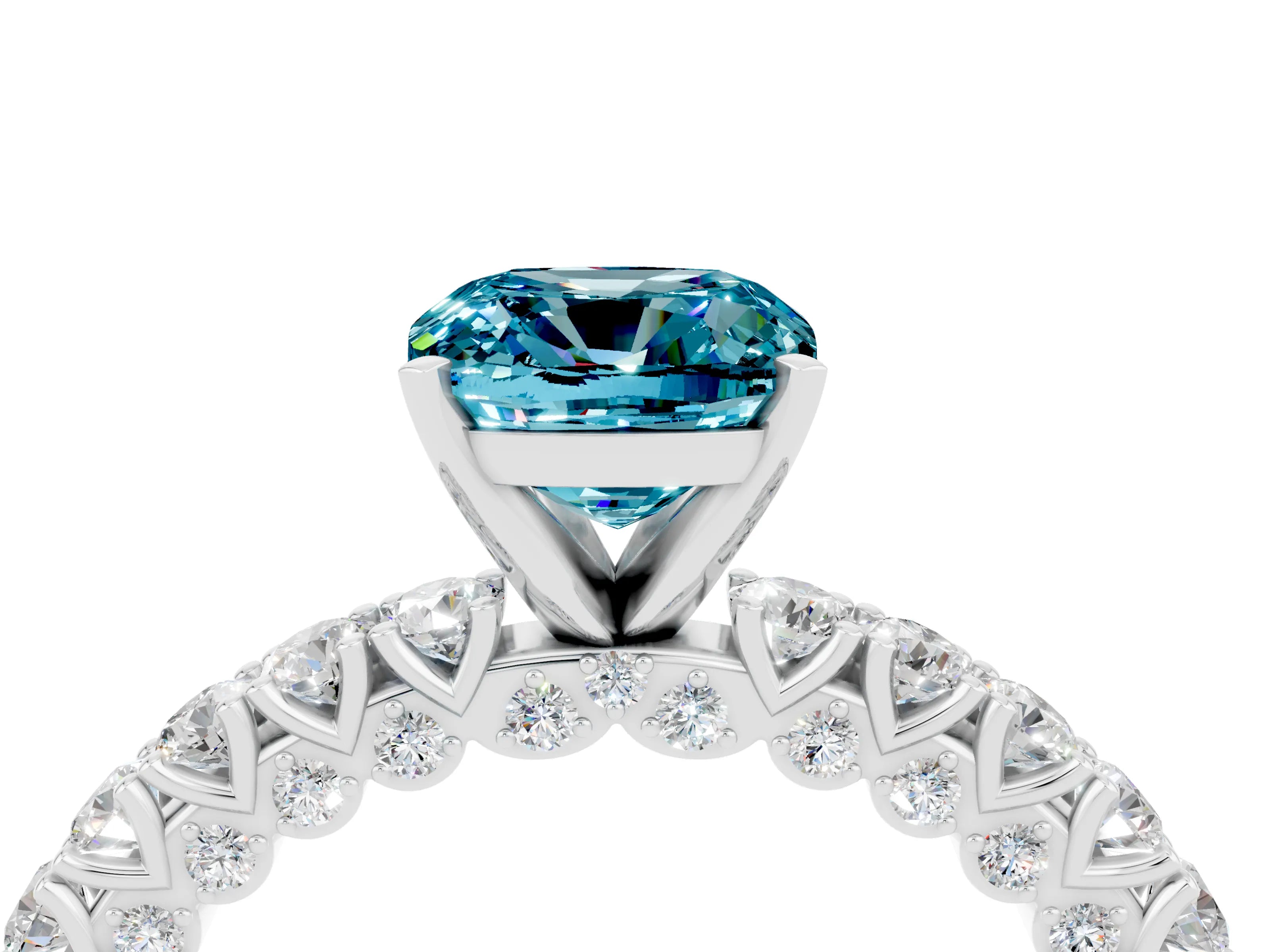 White gold Cushion Cut Diamond Pavé Band Solitaire Ring with Prong Setting_4