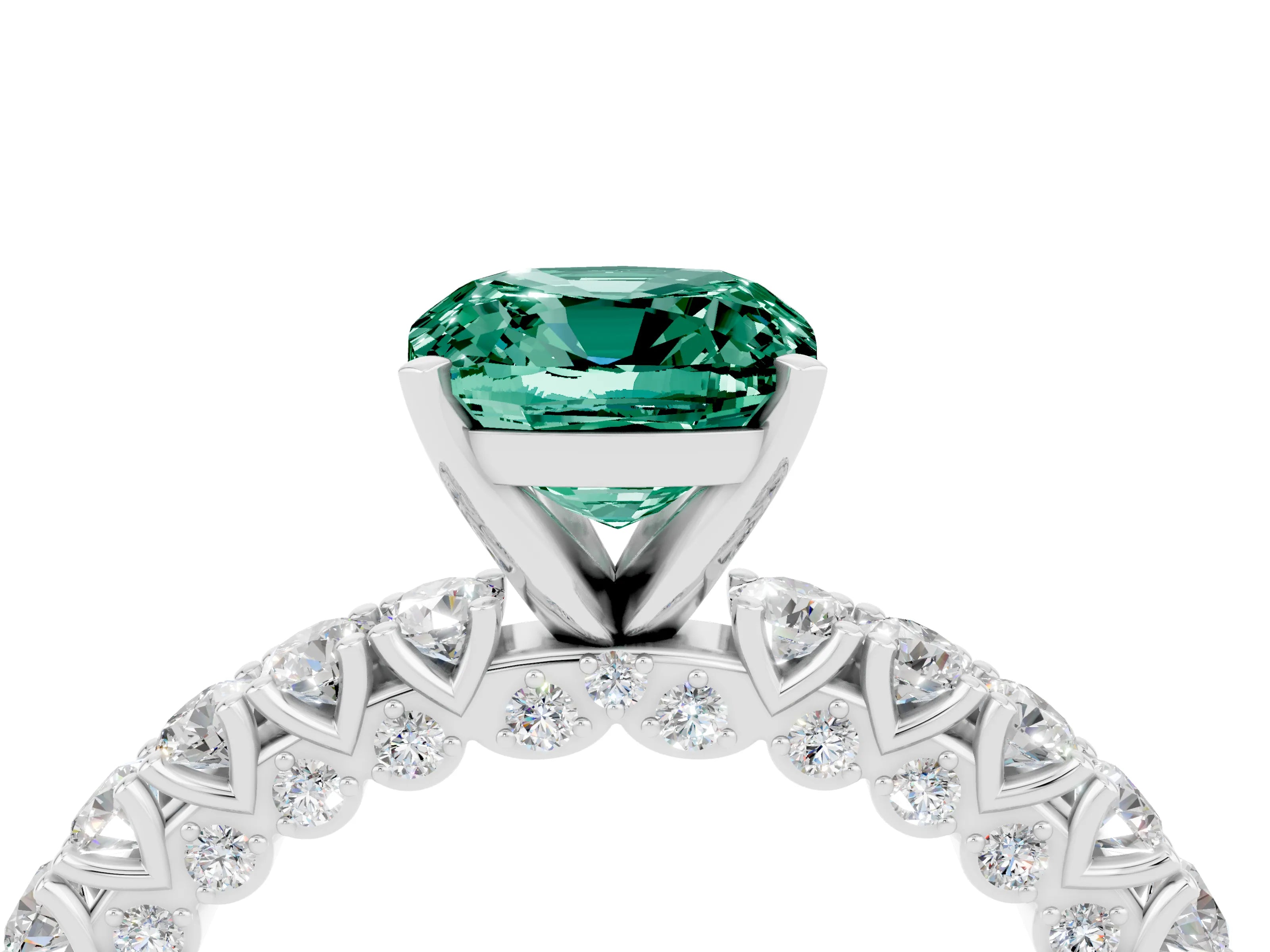 White gold Cushion Cut Diamond Pavé Band Solitaire Ring with Prong Setting_4