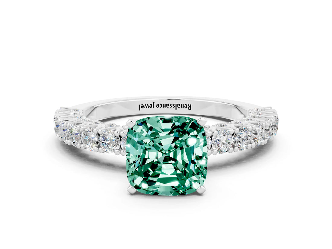 White gold Cushion Cut Diamond Pavé Band Solitaire Ring with Prong Setting