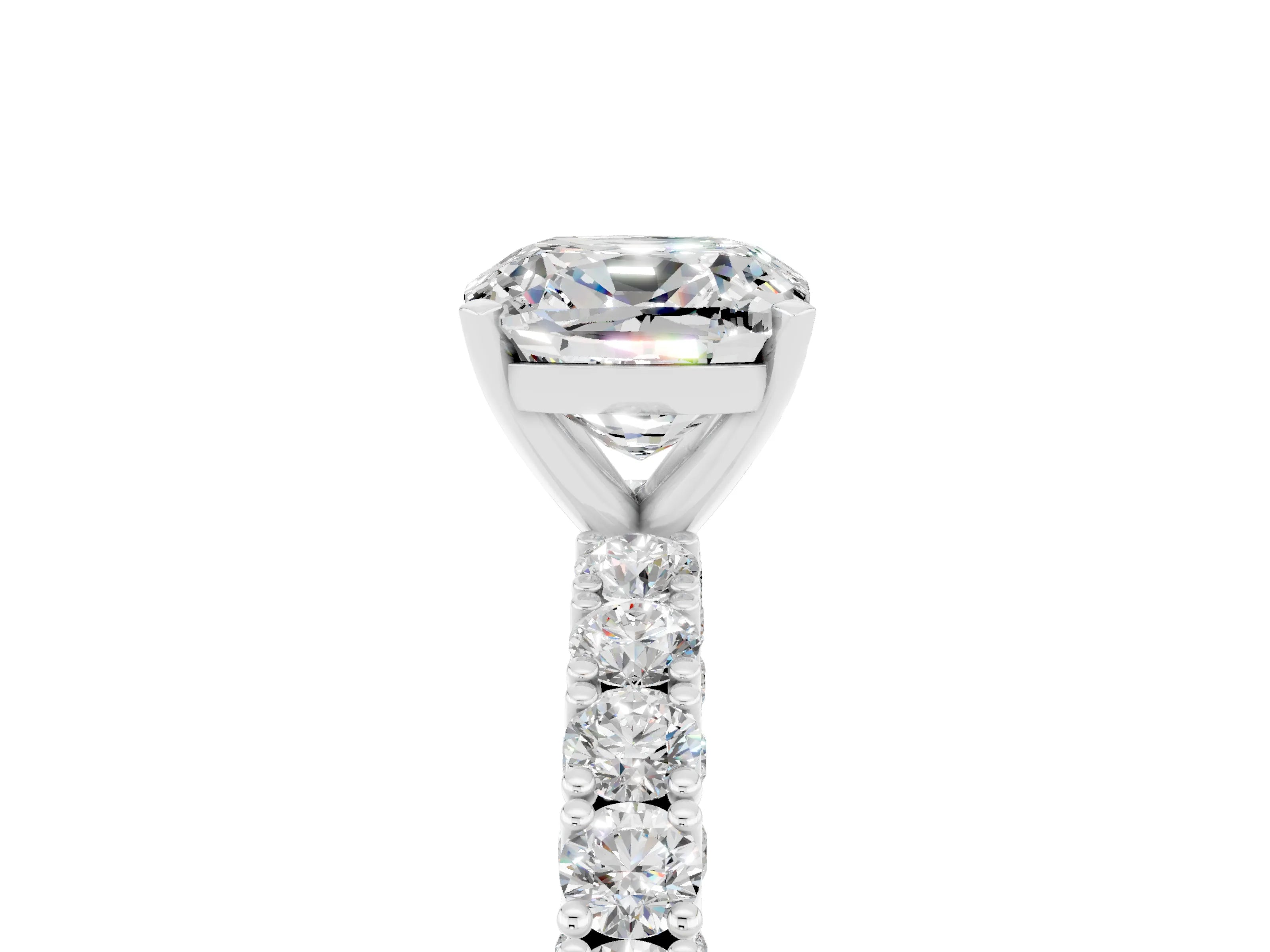 White gold Cushion Cut Diamond Pavé Band Solitaire Ring with Prong Setting_5