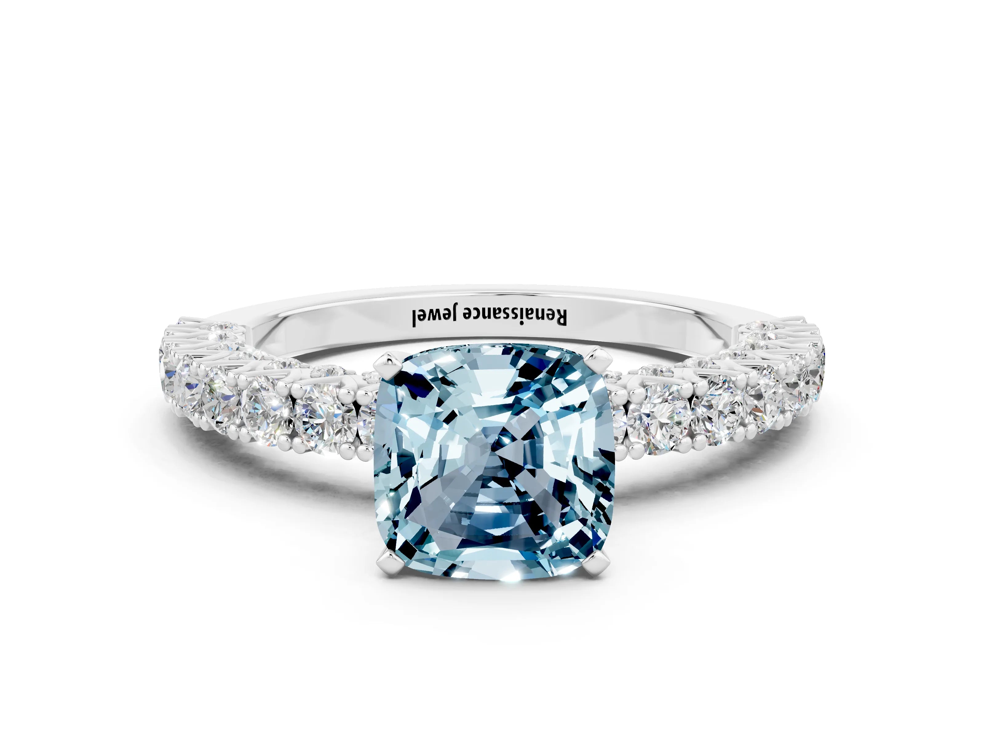 White gold Cushion Cut Diamond Pavé Band Solitaire Ring with Prong Setting