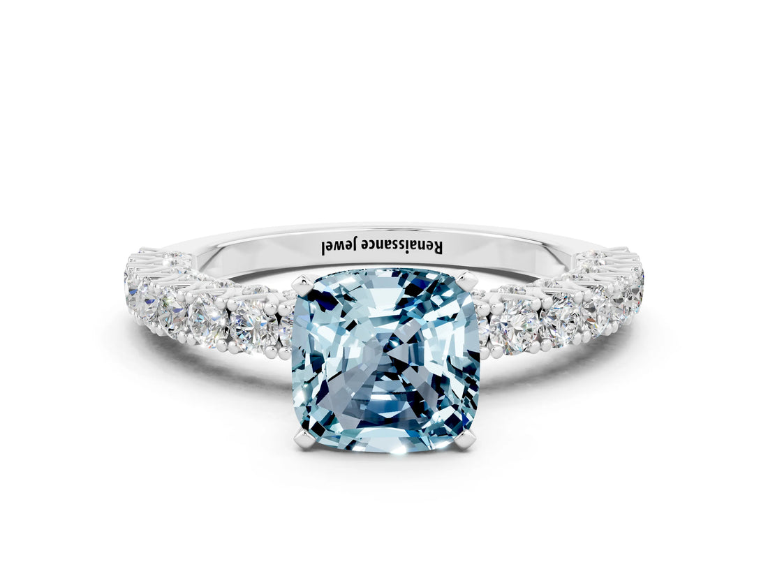 White gold Cushion Cut Diamond Pavé Band Solitaire Ring with Prong Setting