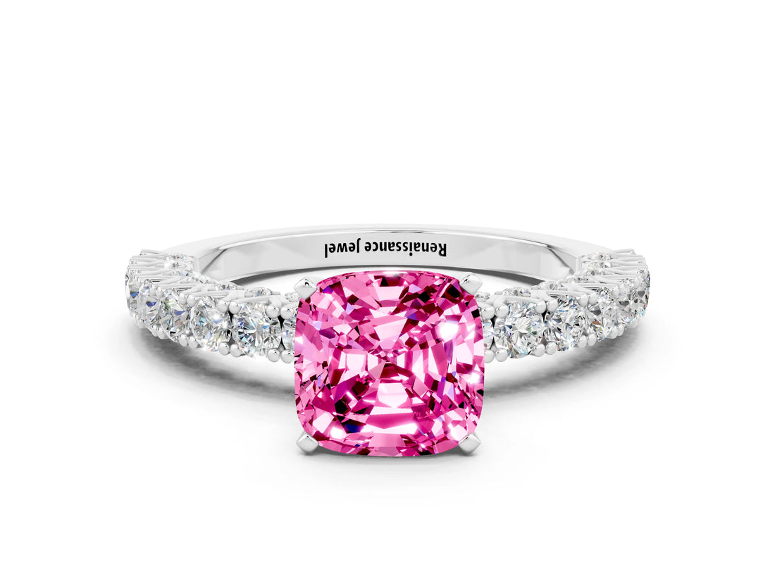 White gold Cushion Cut Diamond Pavé Band Solitaire Ring with Prong Setting