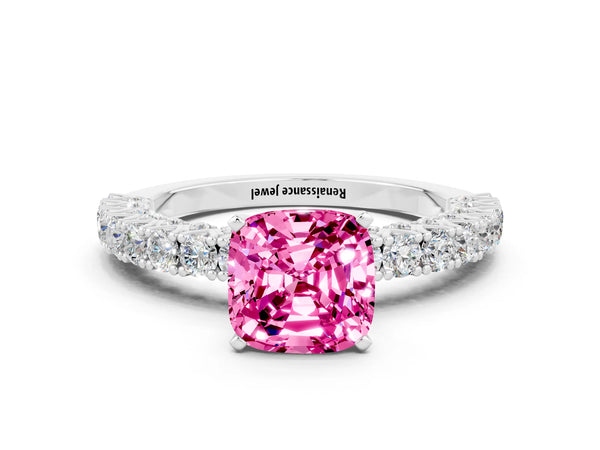 Silver Cushion Cut Diamond Pavé Band Solitaire Ring with Prong Setting